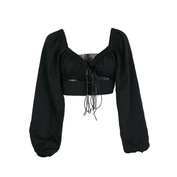 Lioness Long Sleeve Crop Blouse Women's Size Medium Black‎ Tie-Front Top Puff - Picture 3 of 12